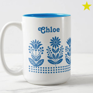 Moderne Minimaal Turquoise Folk Art Bloemen Naam Tweekleurige Koffiemok