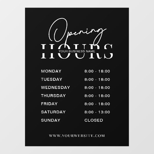 Moderne Minimaal Zwarte Logo Zakelijke Openingsure Raamsticker (Vel)