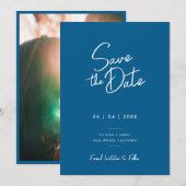 Moderne Minimal Blauwe Script Foto Bruiloft Save The Date (Voorkant / Achterkant)