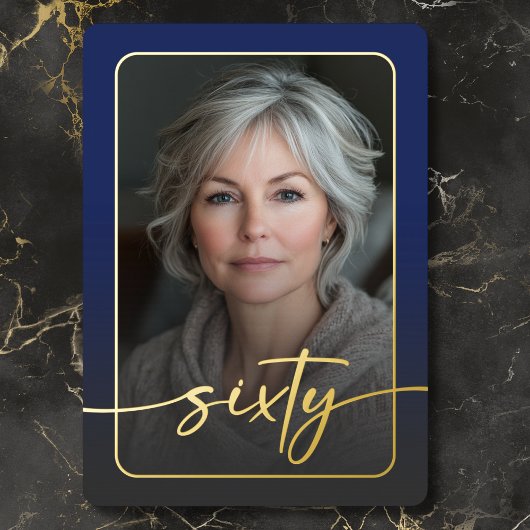 Moderne Minimal Blue Photo Zestigste Verjaardag Folie Uitnodiging