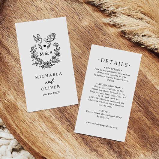 Moderne Minimal Doves & Script Wedding Details Informatiekaartje