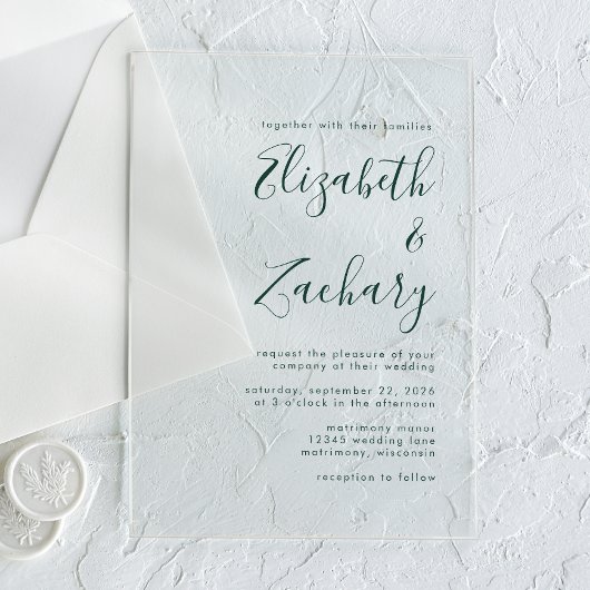 Moderne Minimal Emerald Green Script Wedding Acryl Uitnodigingen