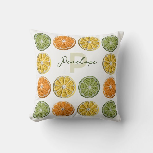 Moderne Minimal Fresh Crochet Citrus Slices Naam Kussen (Voorkant)