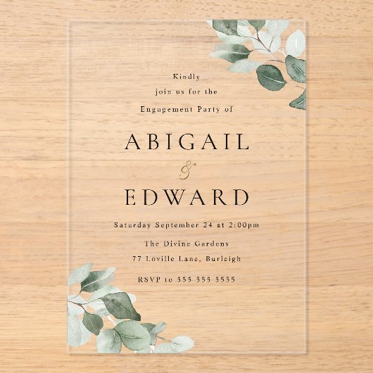Moderne Minimal Green Leaf Engagement Party Acryl Uitnodigingen (Voorkant)