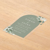 Moderne Minimal Green Leaf Sage Arch Wedding Acryl Uitnodigingen (Laagn)