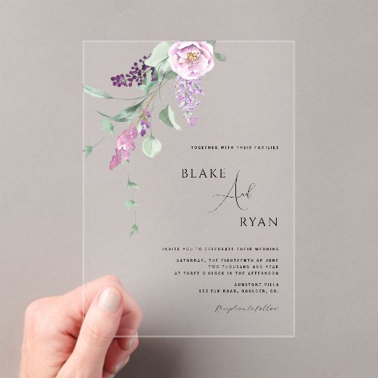 Moderne Minimal Paarse, Mauve en Pastel Bloemen Acryl Uitnodigingen (Insitu (Draagbaar))