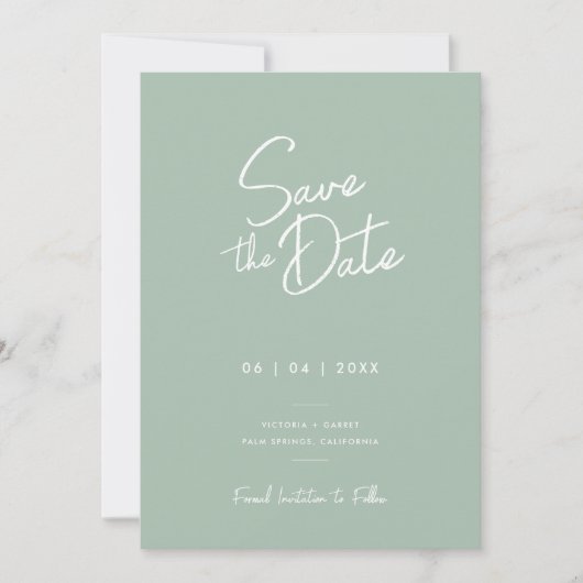 Moderne Minimal Sage Groene Script Foto Huwelijk Save The Date (Voorkant)