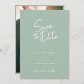 Moderne Minimal Sage Groene Script Foto Huwelijk Save The Date (Voorkant / Achterkant)