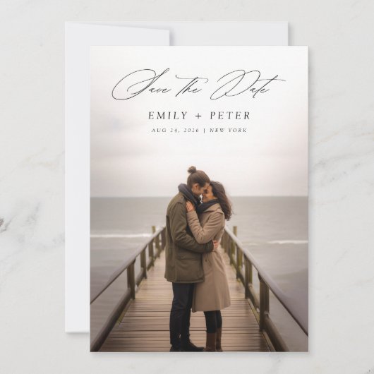 Moderne Minimal Script Photo Wedding Sla de datum Kaart (Voorkant)