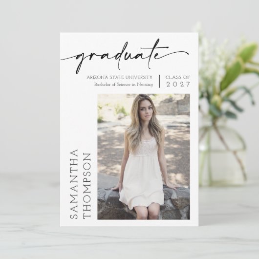 Moderne Minimal Script Twee Foto Afstudeerfeest Kaart (Staand voorkant)