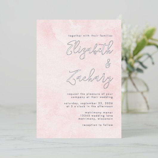 Moderne Minimal Silver Script Blush Pink Wedding Folie Uitnodiging (Staand Voorkant)