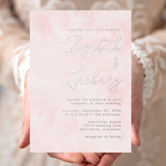 Moderne Minimal Silver Script Blush Pink Wedding Folie Uitnodiging