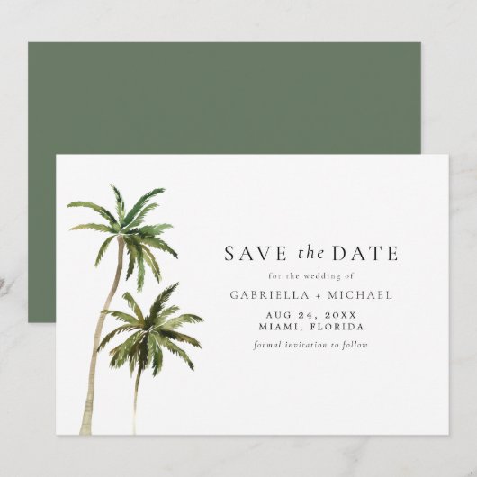 Moderne Minimal Tropical Beach Palm Save the Date Kaart (Voorkant / Achterkant)