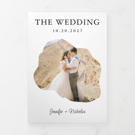 Moderne Minimal Wedding RSVP Details QR Code Foto Drieluik Uitnodiging (Cover)