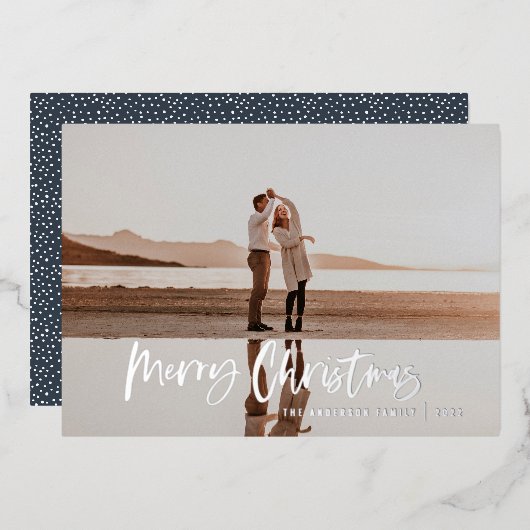 Moderne, minimale 1 foto blauw script kerst folie feestdagenkaart (Voorkant / Achterkant)