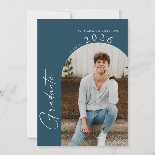 Moderne minimale 2-fotomarineblauw Graduation Part Kaart (Voorkant)