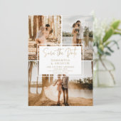 Moderne minimale 4-foto gouden QR bruiloft Save The Date (Staand voorkant)