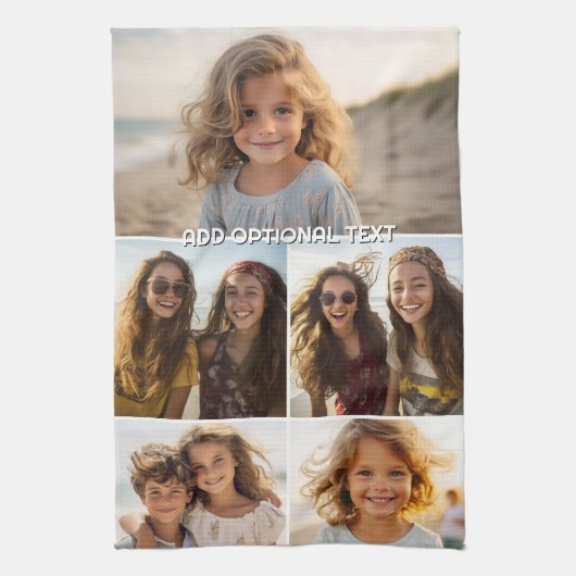 Moderne minimale 5 foto collage met tekst theedoek (Verticaal)