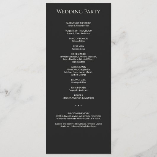Moderne minimale Black Noir bruiloft ceremonie Programma (Achterkant)