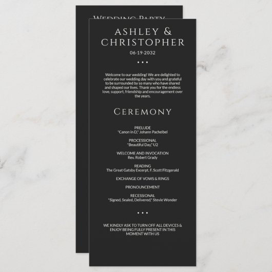 Moderne minimale Black Noir bruiloft ceremonie Programma (Voorkant / Achterkant)