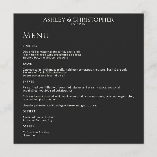 Moderne minimale Black Noir bruiloft receptie Menu (Voorkant)