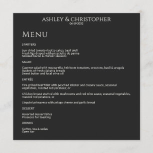 Moderne minimale Black Noir bruiloft receptie Menu