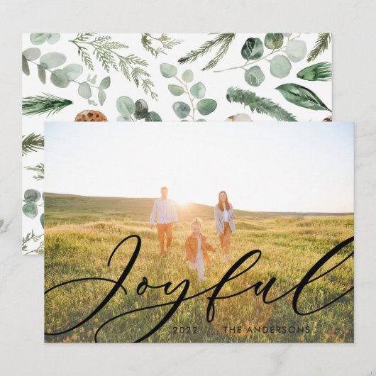 Moderne minimale bladergrootte 1-fotoscript elegan feestdagenkaart (Voorkant / Achterkant)