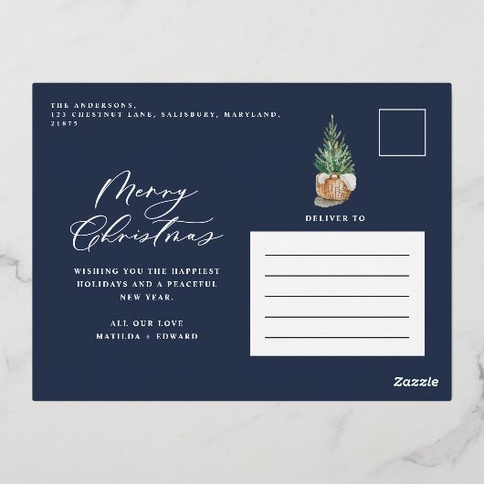 Moderne minimale bladzijden 1, elegant blauw fotos folie feestdagen briefkaart (Achterkant)