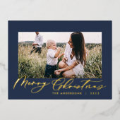 Moderne minimale bladzijden 1, elegant blauw fotos folie feestdagen briefkaart (Voorkant)