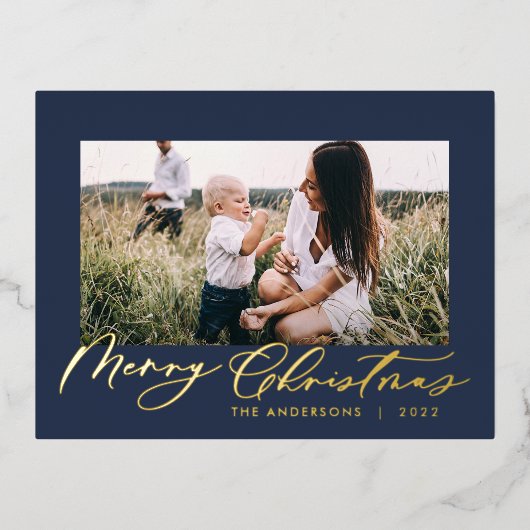 Moderne minimale bladzijden 1, elegant blauw fotos folie feestdagen briefkaart (Voorkant)