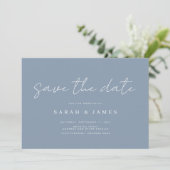Moderne, minimale blauwe bruiloft met mosterdblauw save the date (Staand voorkant)