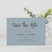 Moderne, minimale blauwe bruiloft met mosterdblauw save the date (Staand voorkant)