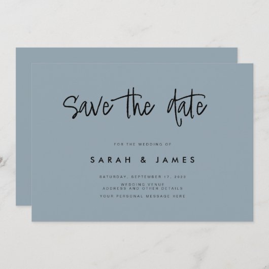 Moderne, minimale blauwe bruiloft met mosterdblauw save the date (Voorkant / Achterkant)