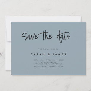 Moderne, minimale blauwe bruiloft met mosterdblauw save the date