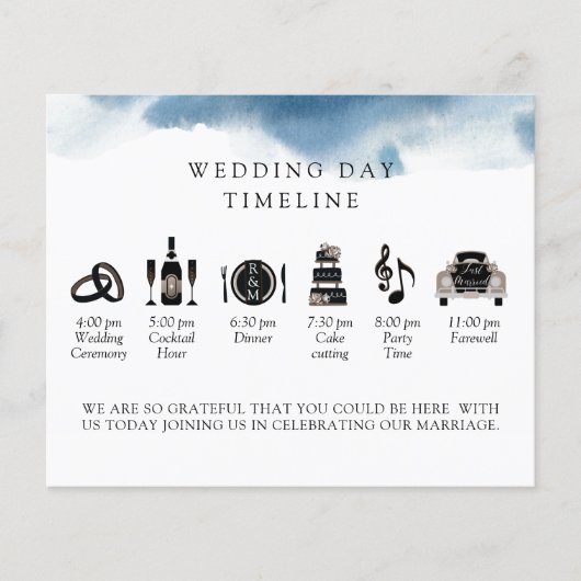 Moderne, minimale, blauwe bruiloft tijdlijn en pro (Voorkant)