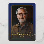 Moderne minimale blauwe foto pensioen partij folie uitnodiging (Voorkant)