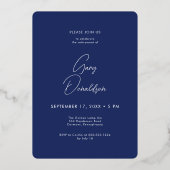 Moderne minimale blauwe foto pensioen partij folie uitnodiging (Achterkant)