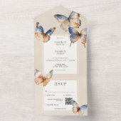 Moderne minimale blauwe & roest vlinders dan QR-co All In One Uitnodiging (Binnen)
