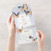 Moderne minimale blauwe & roest vlinders QR code All In One Uitnodiging (Afscheurbaar)