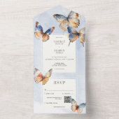 Moderne minimale blauwe & roest vlinders QR code All In One Uitnodiging (Binnen)