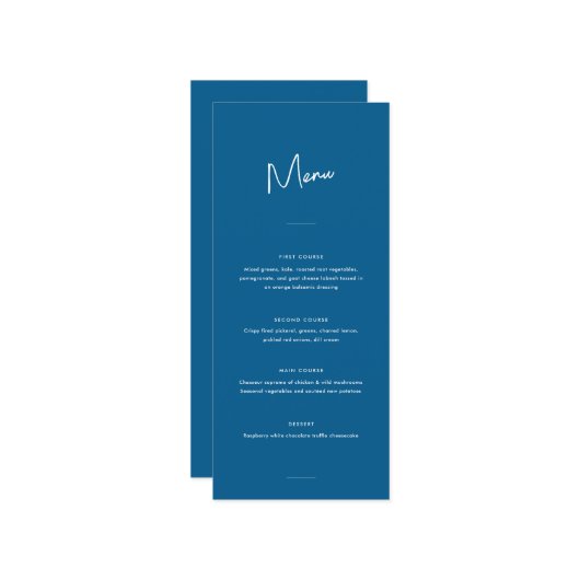 Moderne minimale blauwe script bruiloft menu (Voorkant / Achterkant in situ)