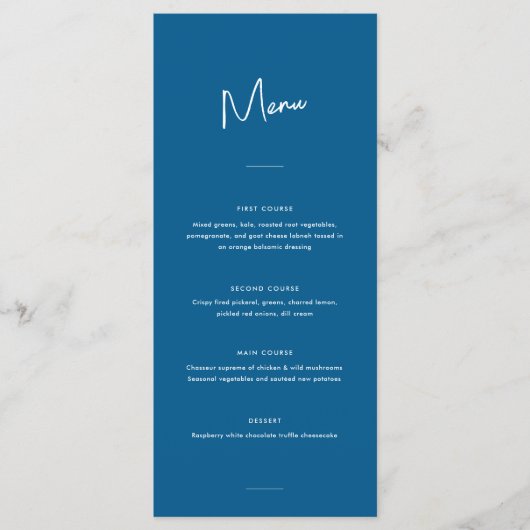 Moderne minimale blauwe script bruiloft menu (Voorkant)
