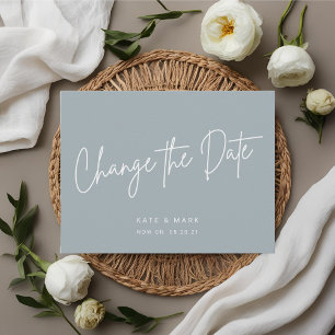 Moderne minimale blauwe wijzig de datum bekendmaki briefkaart