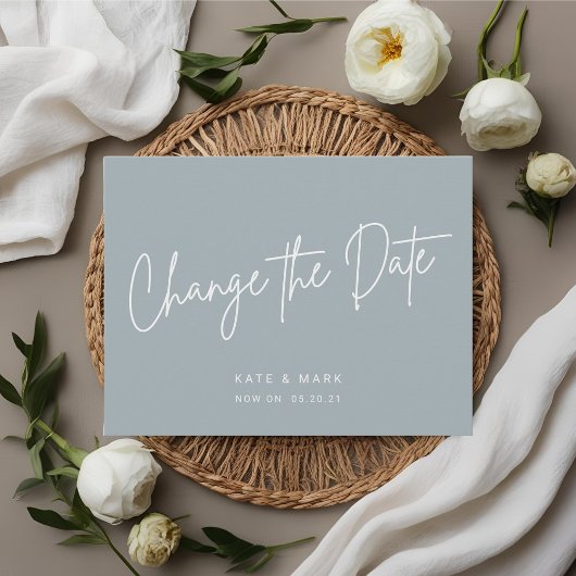 Moderne minimale blauwe wijzig de datum bekendmaki briefkaart