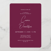 Moderne minimale Bourgondische foto veertigste ver Folie Uitnodiging (Achterkant)