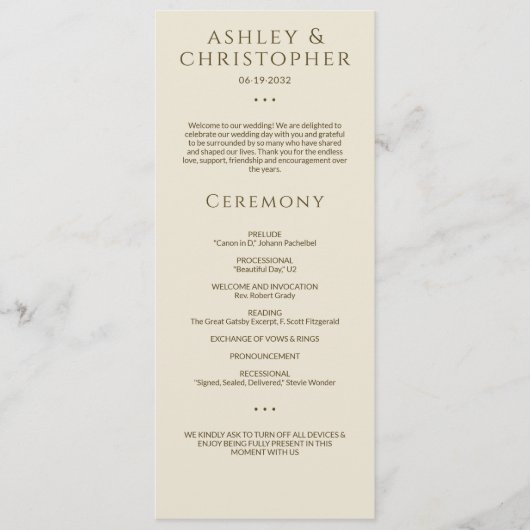 Moderne minimale brons & goud bruiloft ceremonie programma (Voorkant)