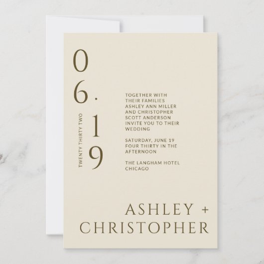 Moderne minimale brons & goud split date bruiloft kaart (Voorkant)