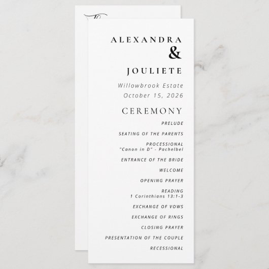 Moderne minimale bruiloft programma volgorde van e (Voorkant / Achterkant)