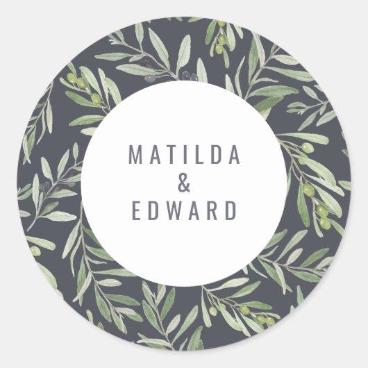Moderne minimale bruiloft voor olijfbladeren ronde sticker (Voorkant)