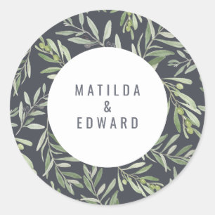 Moderne minimale bruiloft voor olijfbladeren ronde sticker